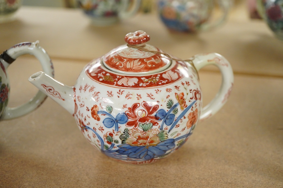 Three 18th century Chinese porcelain European enamelled teapots and covers, tallest - 13cm high